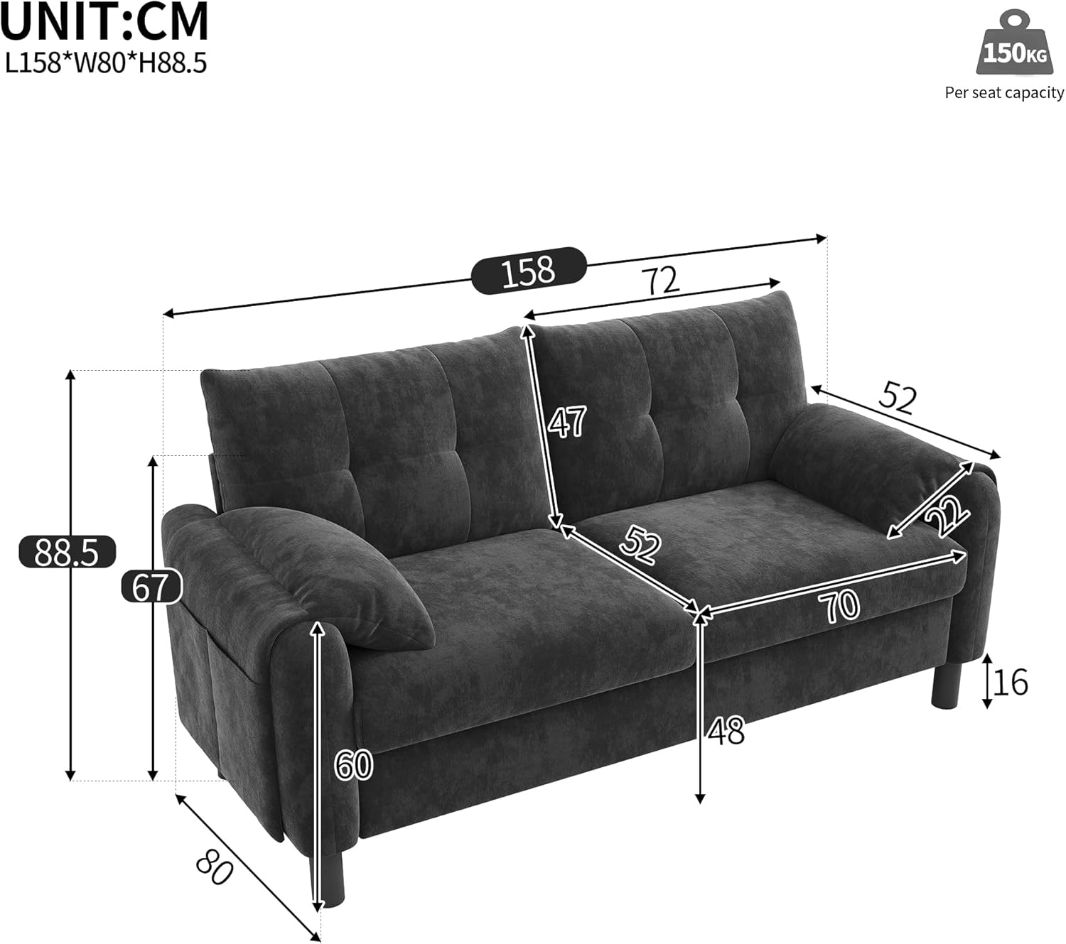 Sofa mit Schlaffunktion, Sofa 2 Sitzer, Bequemes Polstersofa aus Chenille Stoff mit Dicken Kissen, Gemütliche Couch für Wohnzimmer, Schlafzimmer, Kleine Wohnung, Grau
