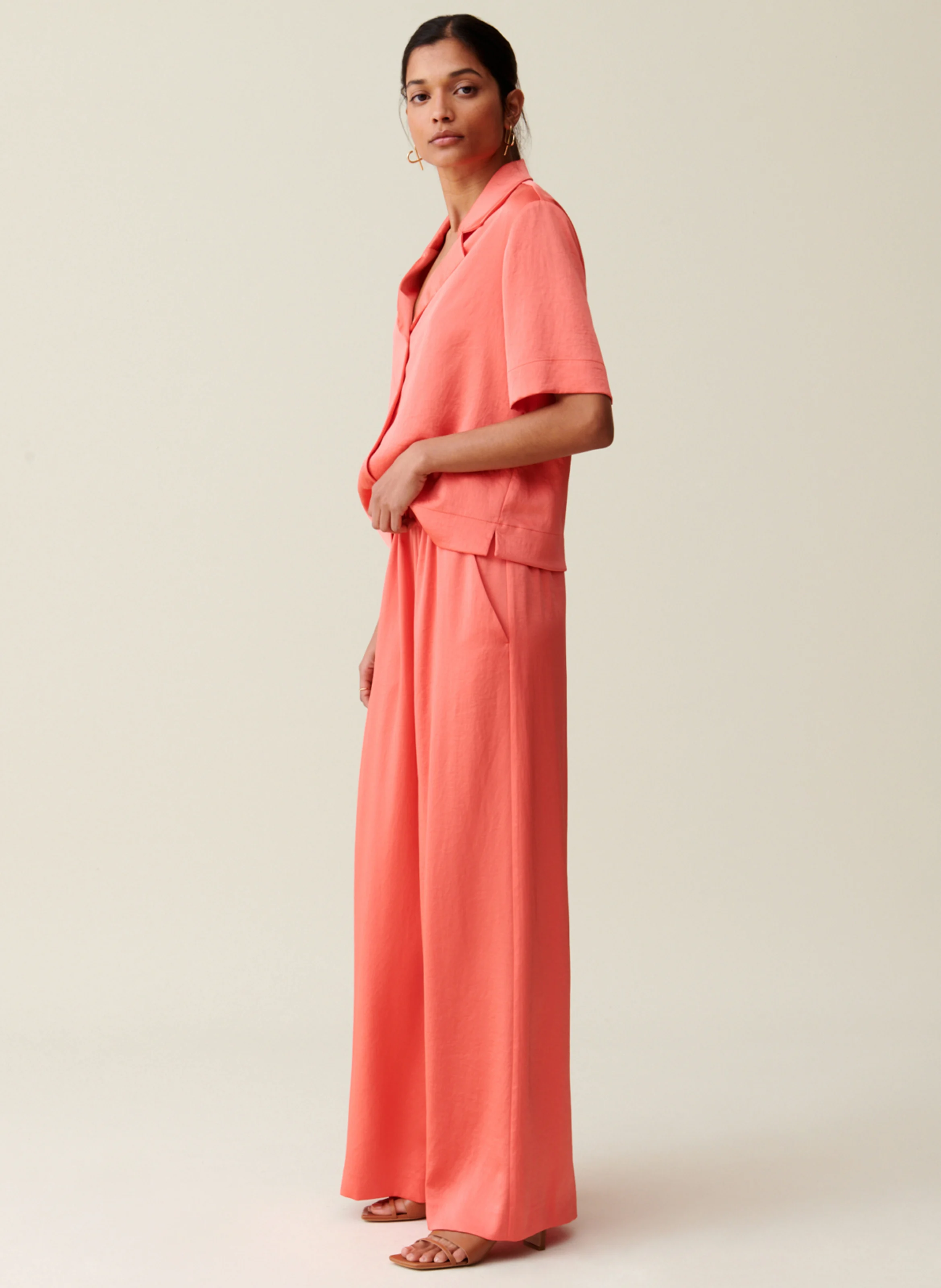Pantalon large taille haute satiné | Orange
