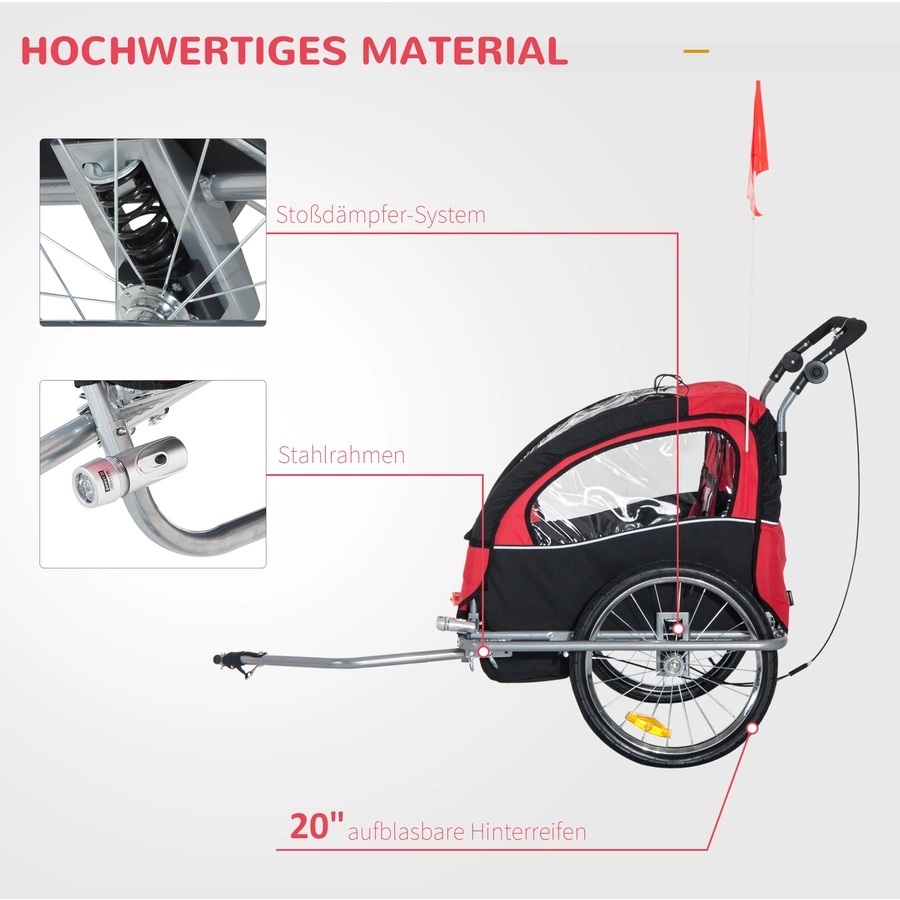 HOMCOM Kinderanhänger mit Staufach rot, schwarz