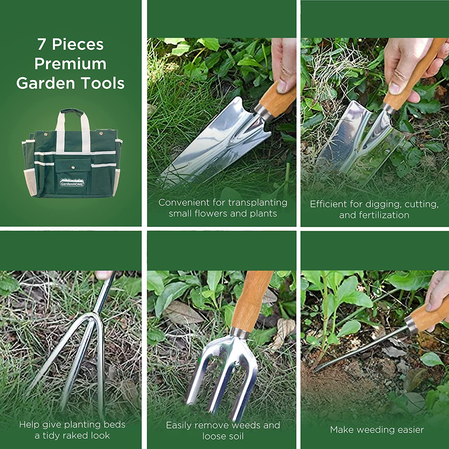 (7-tlg. Set) 2in1 Garten Klappstuhl Hocker mit Abnehmbarer Tragetasche Werkzeug Organizer inkl. Gartenwerkzeug