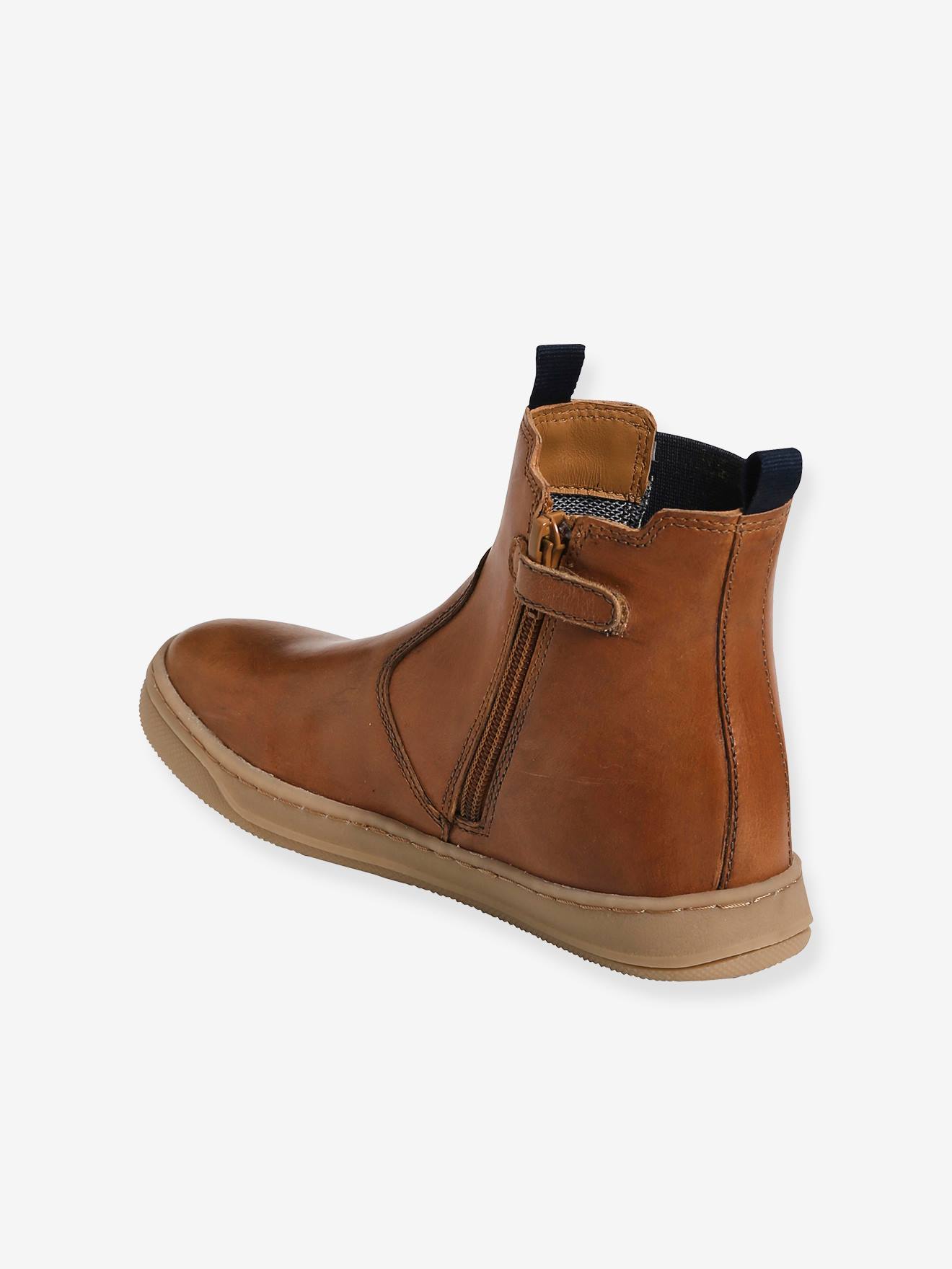 Botas de cano curto em couro com zíper e elástico, para meninos, cor marrom médio lisa.
