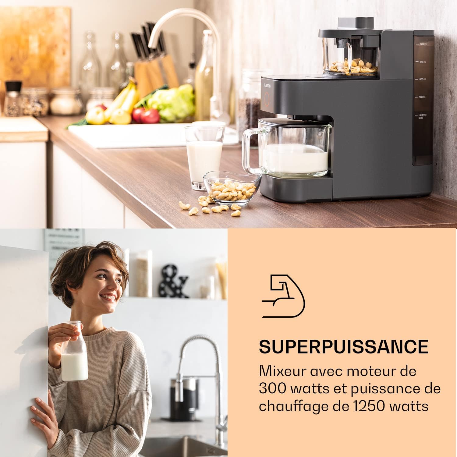 Klarstein Mixer, mixeur sur pied avec 300 et 1250 watts de puissance, pour la préparation de laits végétaux et smoothies avec technologie de chauffage à 360°, 30.000 tours/minute, écran tactile, noir