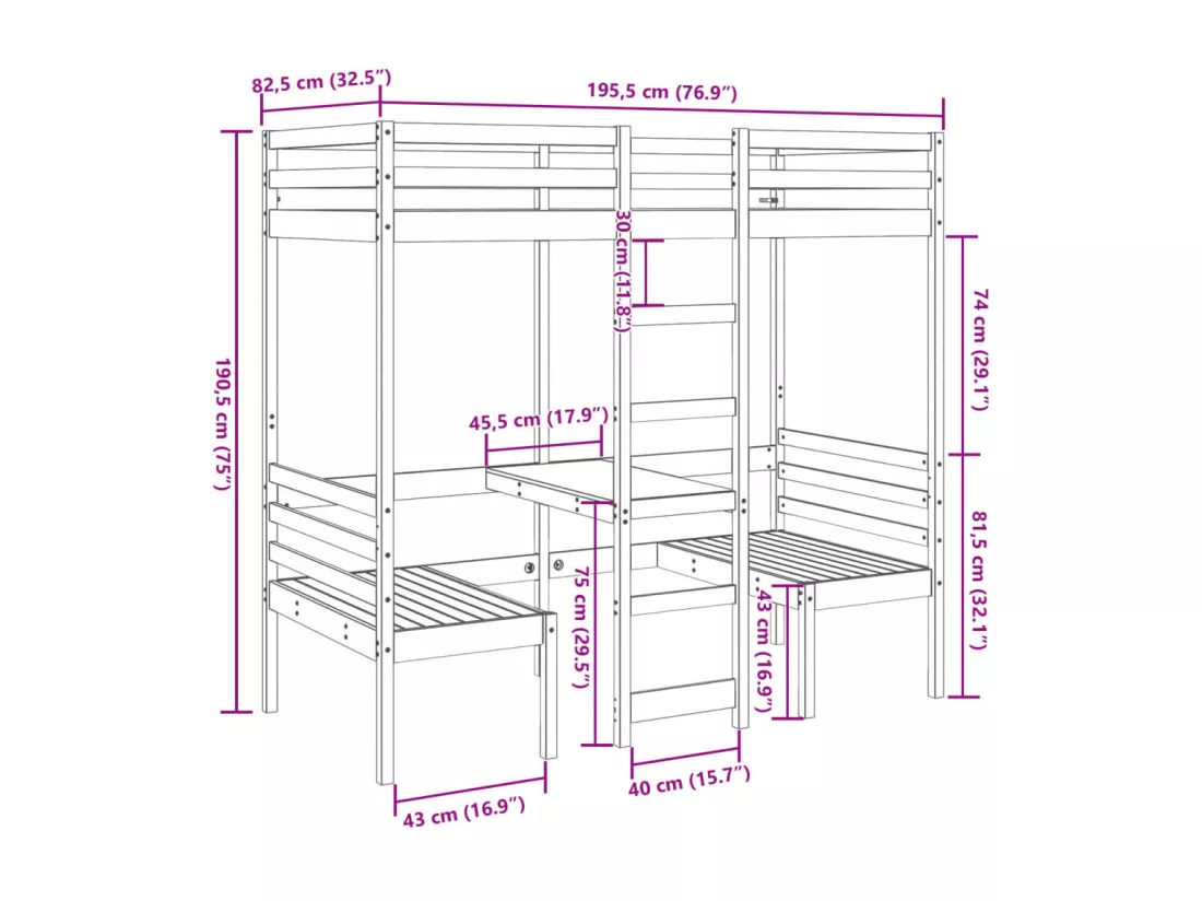 Lit mezzanine avec bureau et chaises blanc 75x190 cm pin massif