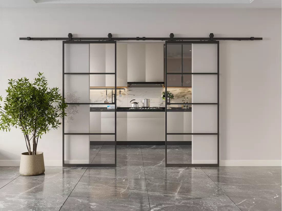 Porte coulissante double avec système en applique - aluminium et verre trempé transparent - 2 x H205 x L83 cm - SINCA II