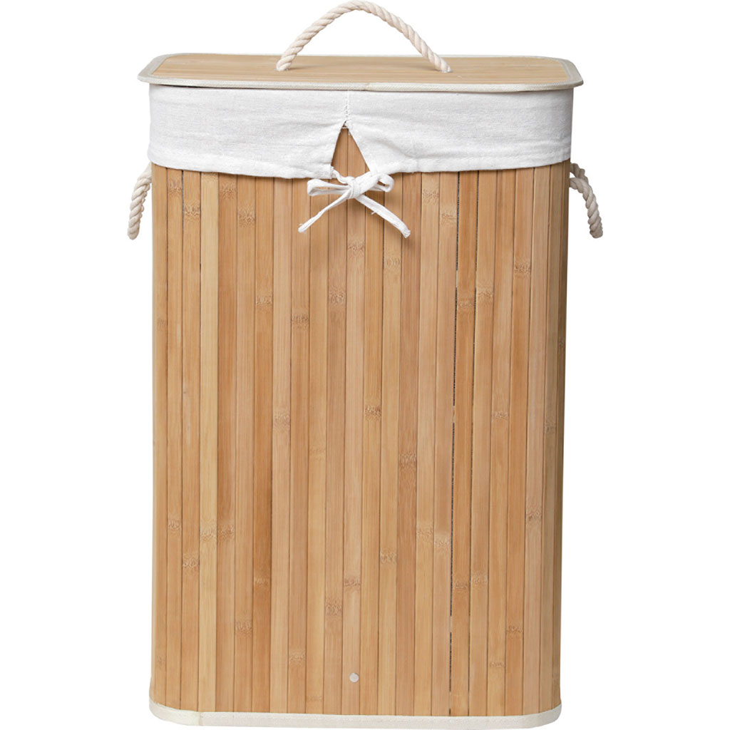 Panière à linge rectangulaire bambou tissu lin 40x60x30cm