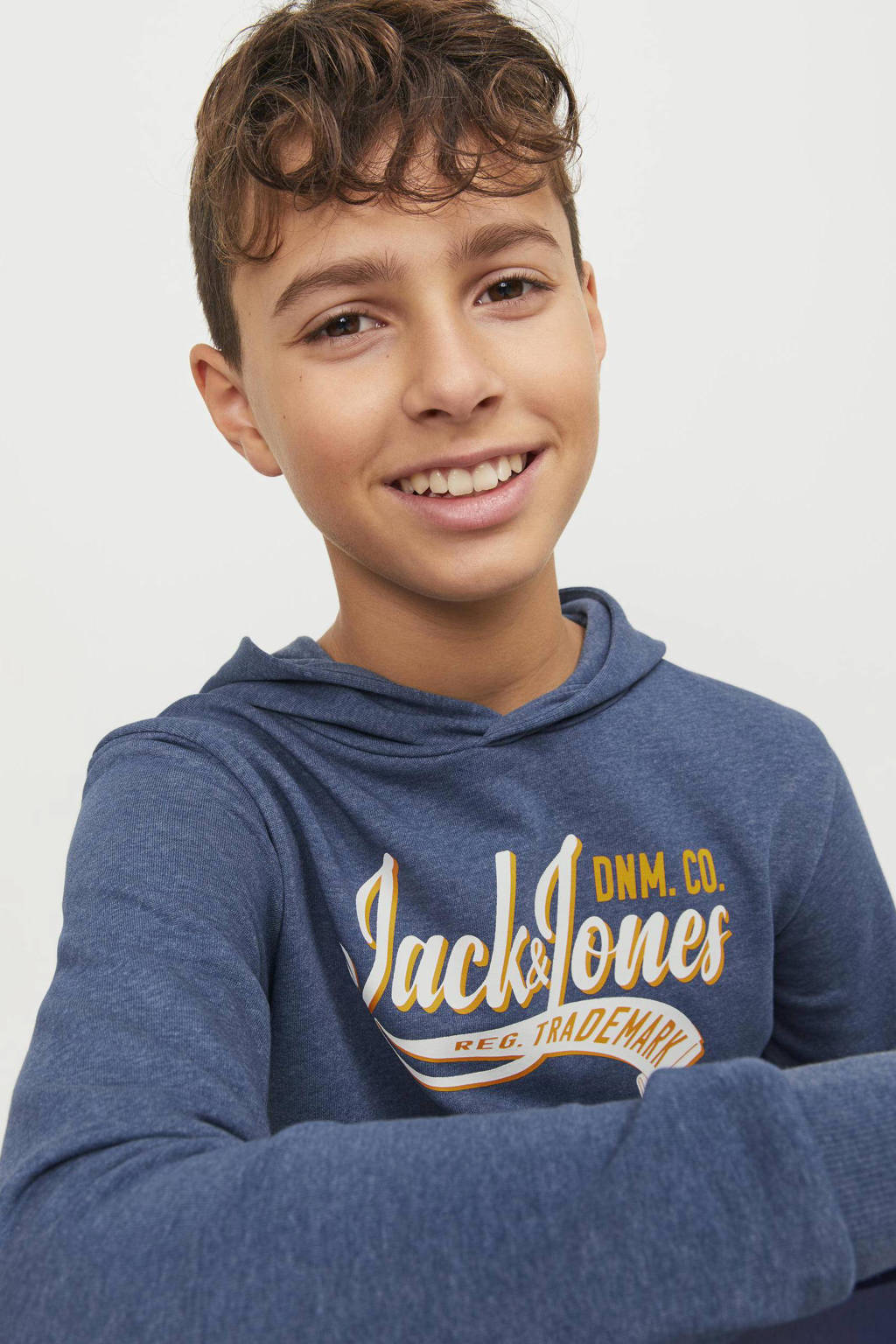 JACK & JONES hoodie JJELOGOmet tekst blauw/geel