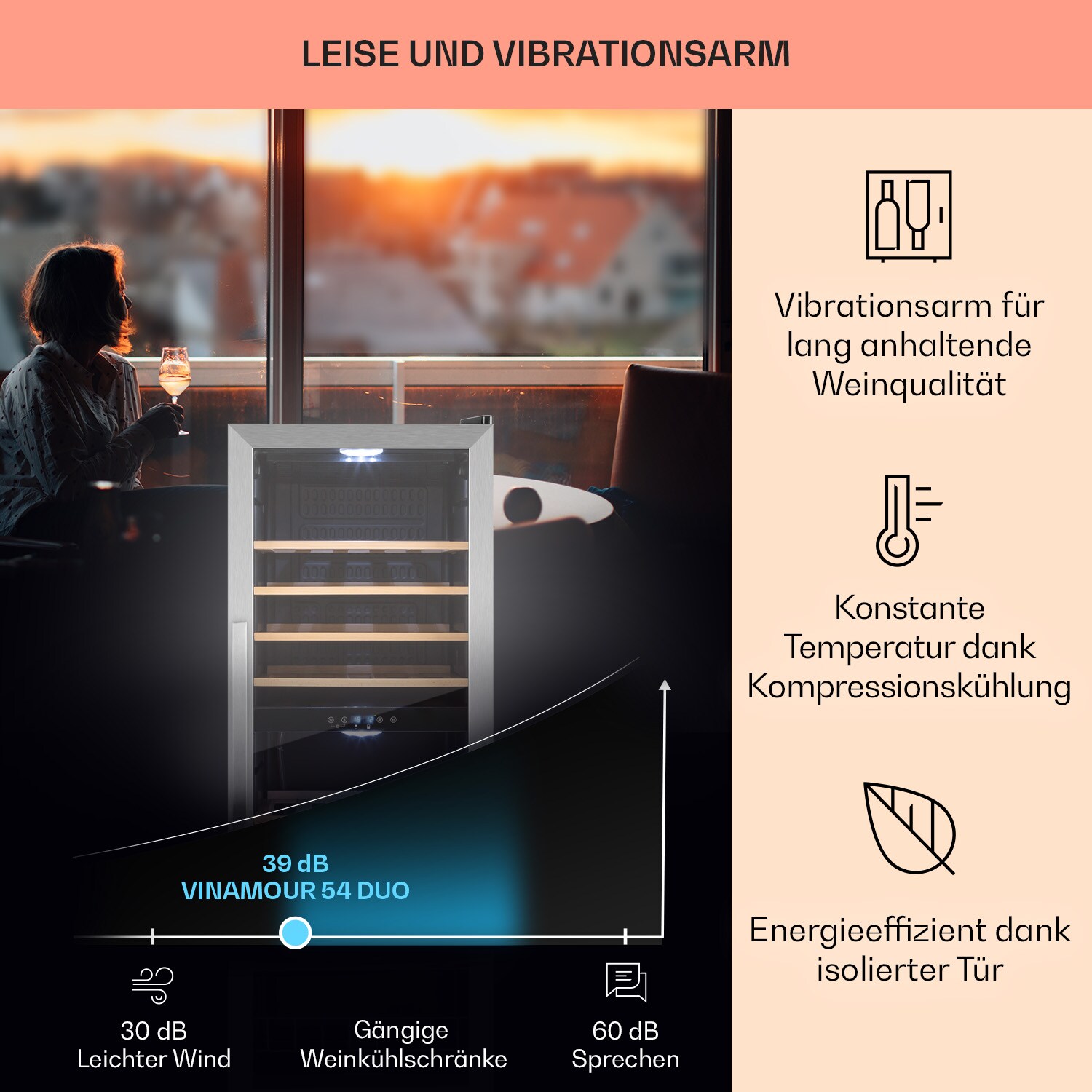 Vinamour 54 Duo Weinkühlschrank 2 Zonen 148 Ltr 54 Fl Touch-Display