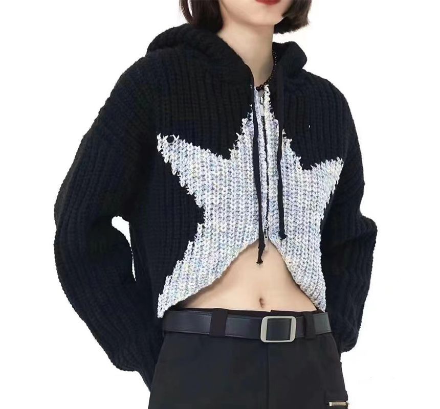 Everose - Tweekleurige sterrenprint, cropped gebreide hoodie met dubbele rits