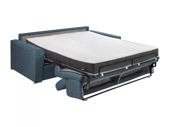 Canapé 2 places convertible express en tissu bleu - couchage 120 cm - Matelas 18 cm avec mémoire de forme VIZIR