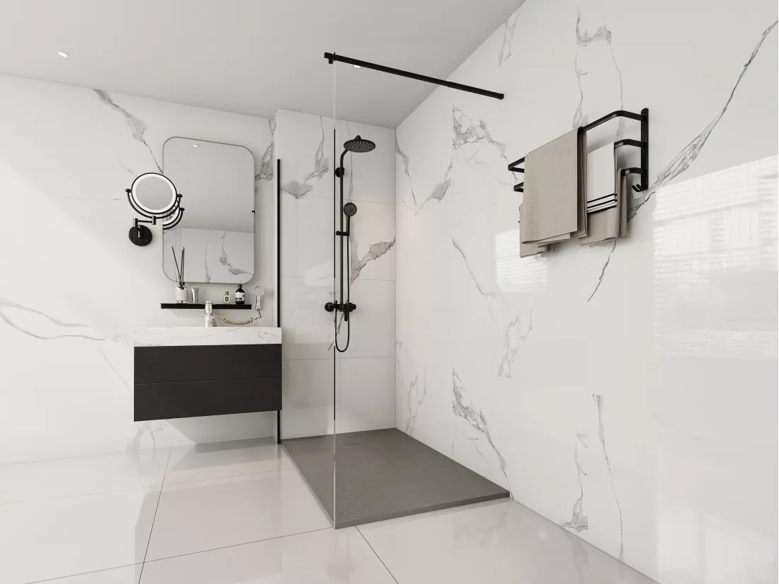 Receveur extra-plat à poser ou à encastrer découpable en résine SMC avec siphon - Gris - 140 x 90 cm - MIRNOSA