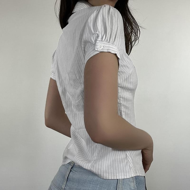 Honet - Gestreept slim-fit overhemd met korte mouwen