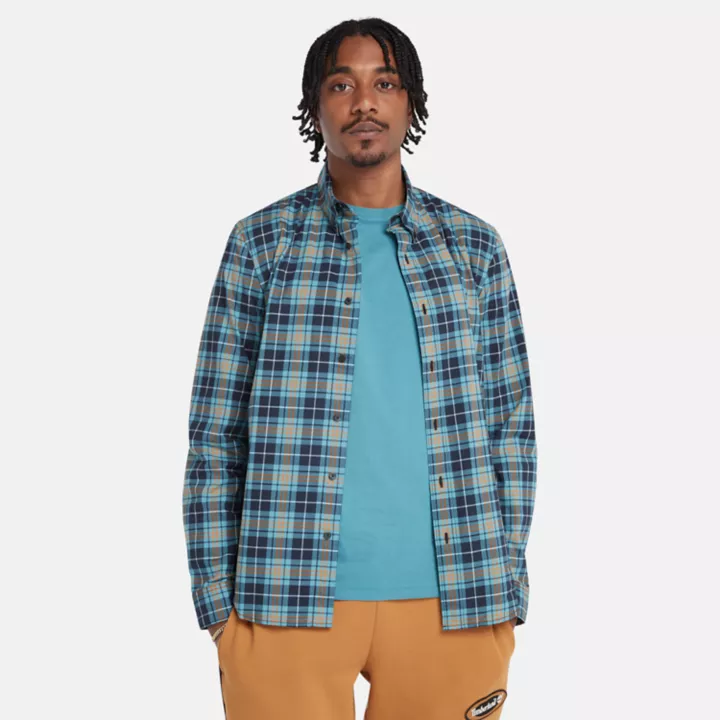 Camisa xadrez de popeline stretch para homem na cor azul