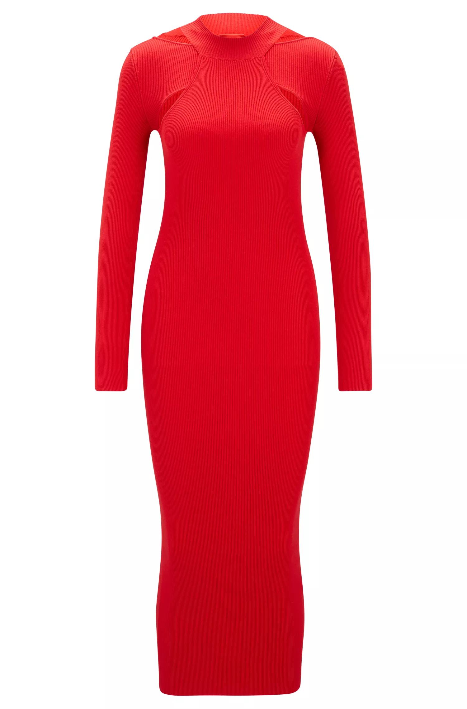 Vestido tubinho de malha vermelho HUGO com mangas compridas e detalhes vazados.