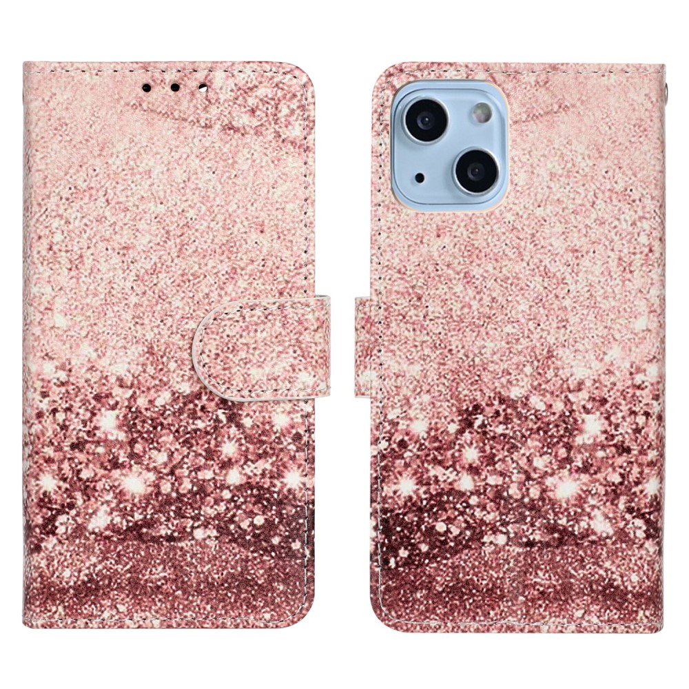 iPhone 13 Leder Tasche Flip Cover Glitzer Optik - Roségold