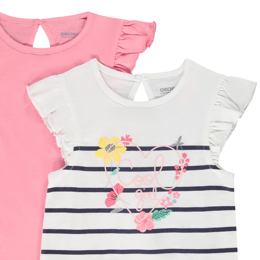 Lot de 4 t-shirts manches courtes volantées en jersey pour bébé fille - Ecru
