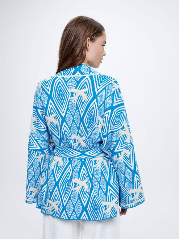 Cardigã Jacquard com Cinto - Azul