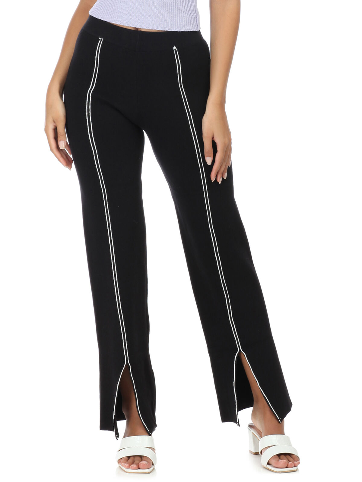 Pantalon en maille avec fentes et lignes- Noir