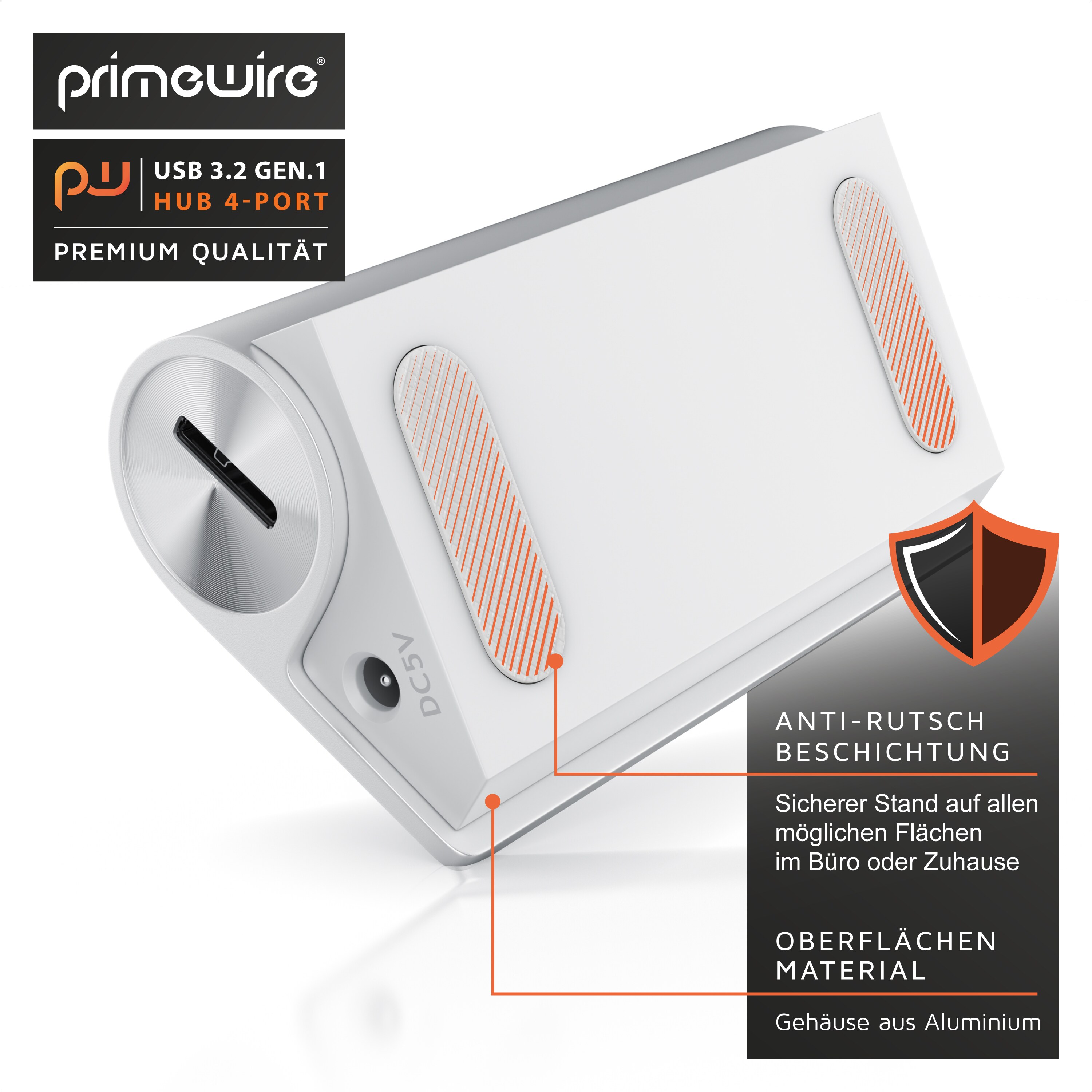 Primewire 4 Port USB 3.2 Gen1 SuperSpeed Datenhub Aluminiumgehäuse mit Netzteil Anschluss / Hot Plug