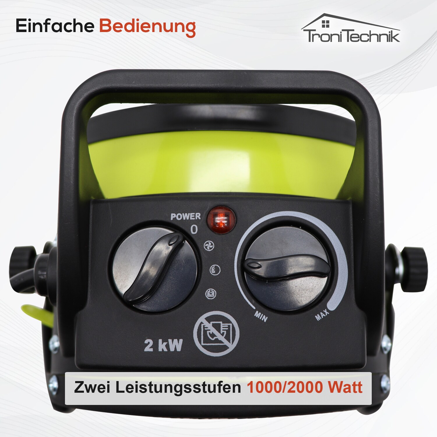 TroniTechnik® KH-502 Keramikheizer Heizlüfter Heizung 2.000 Watt, Tragegriff, PTC Keramik, stufenlose Thermosteuerung