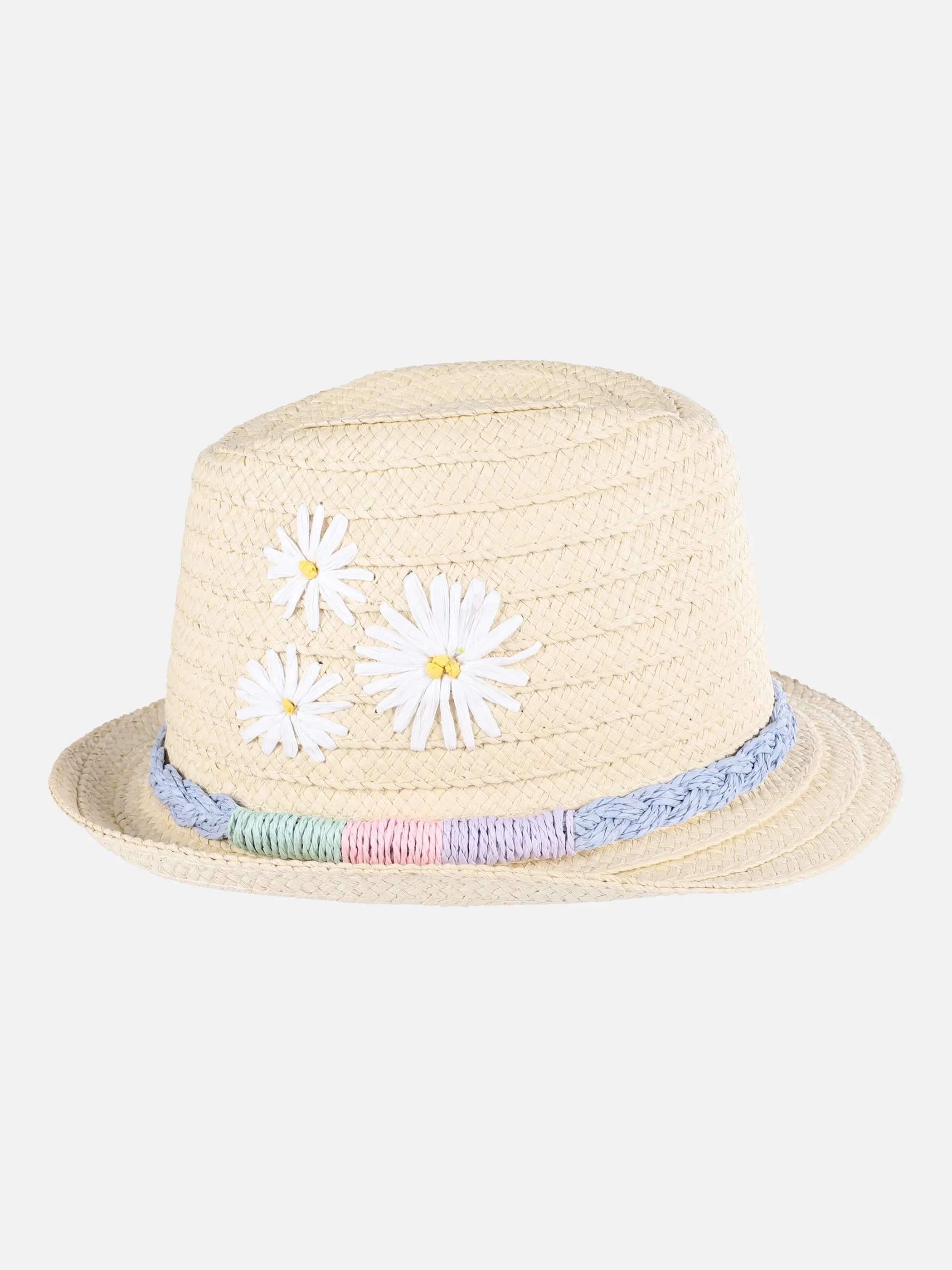 Mädchen Strohhut mit Bastblumen und Zierband