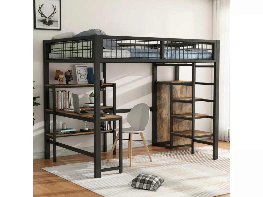 Lit mezzanine 90x200cm, cadre en fer, avec sous plateau bureau L, plusieurs étagères, escaliers et armoire intégrée, noir
