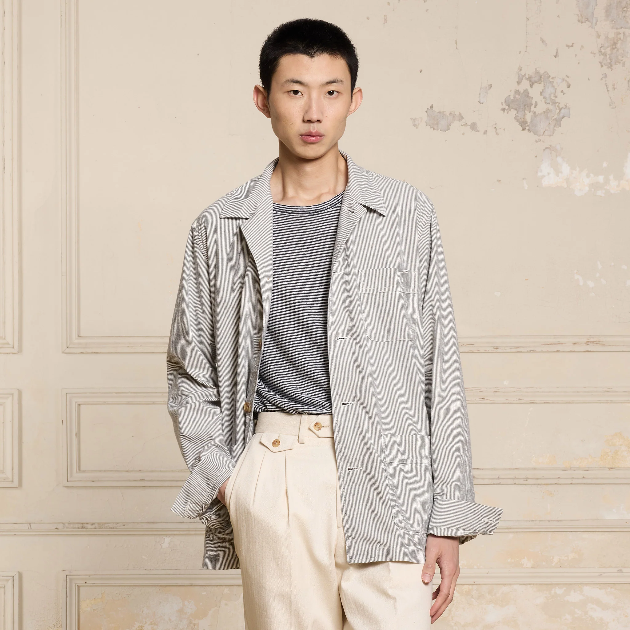 Blue and ecru striped work jacket