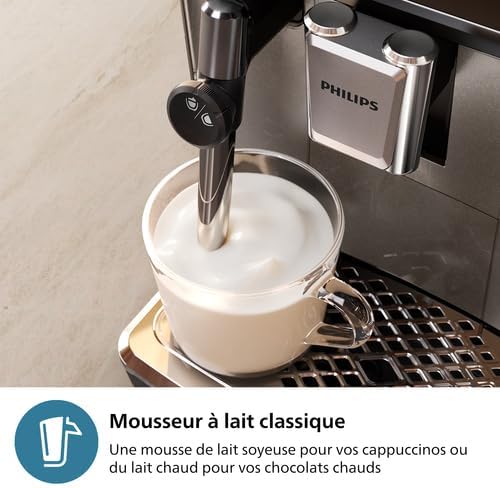 Philips Machine à Expresso Entièrement Automatique Séries 3300-5 Boissons, Mousseur à Lait Classique, SilentBrew, Broyeur 100% Céramique, Filtre AquaClean. Noir Chrome (EP3326/90)