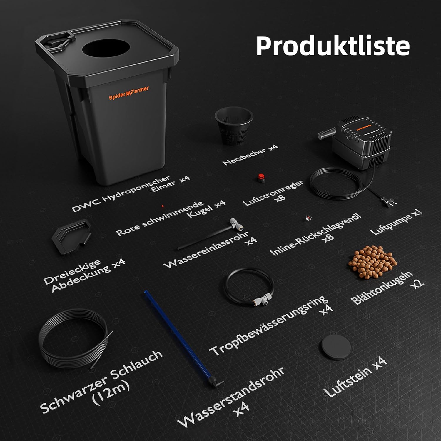 Spider Farmer DWC Hydrokultur Anbausystem mit 27 Liter/7 Gallonen Tiefwasserkultur, Neues Dreieckige Abdeckung Design, Umwälzendes Drip Garden System mit Topf-Tropfkit, 12W Luftpumpe, 4 Eimer