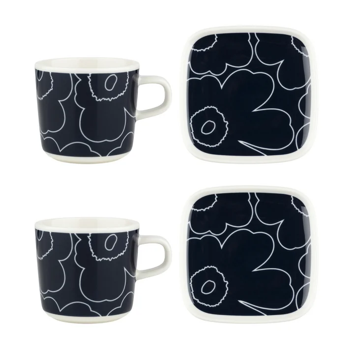 Marimekko - Oiva Piirto Unikko Becher mit Henkel & Teller, weiss / gold (4er-Set)