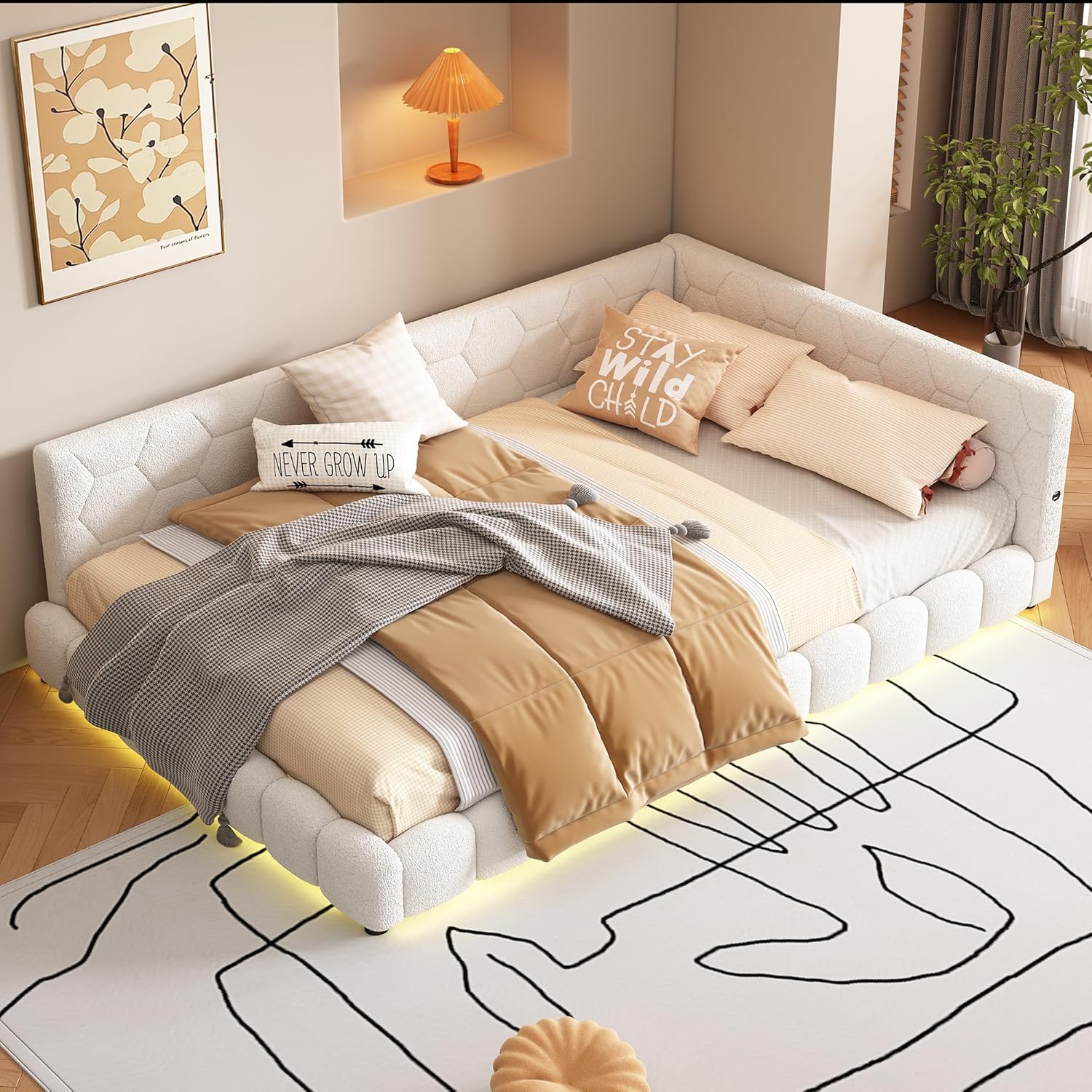 Merax 140x200cm Schlafsofa mit 16 Farben Umgebungslicht, USB-Anschluss - Weiß (ohne Matratze)