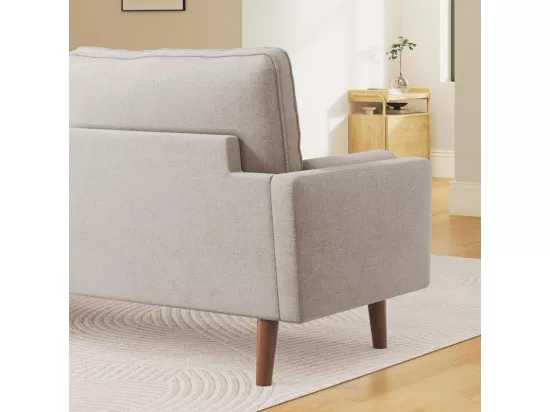 Canapé 3 places en tissu Lin beige - Scandinave - avec 2 Oreillers et Accoudoirs - Pieds bois massif - 173x77x84cm
