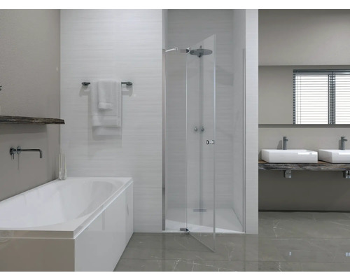 Jungborn douchedeur voor nis, SETTE draaideur met vast paneel links, 80 cm, chroom profiel, helder glas met vuilafstotende coating en buffergreep