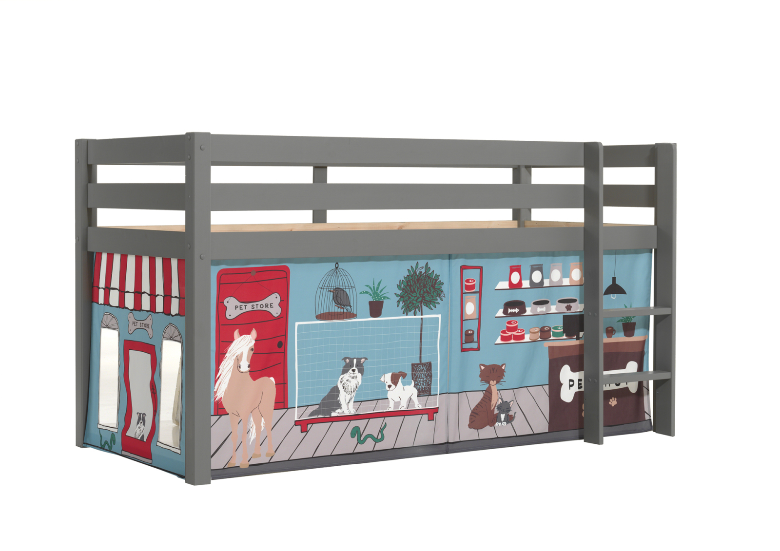 Halbhochbett PINO - PET SHOP - Kiefer grau Massivholz - 90x200 cm