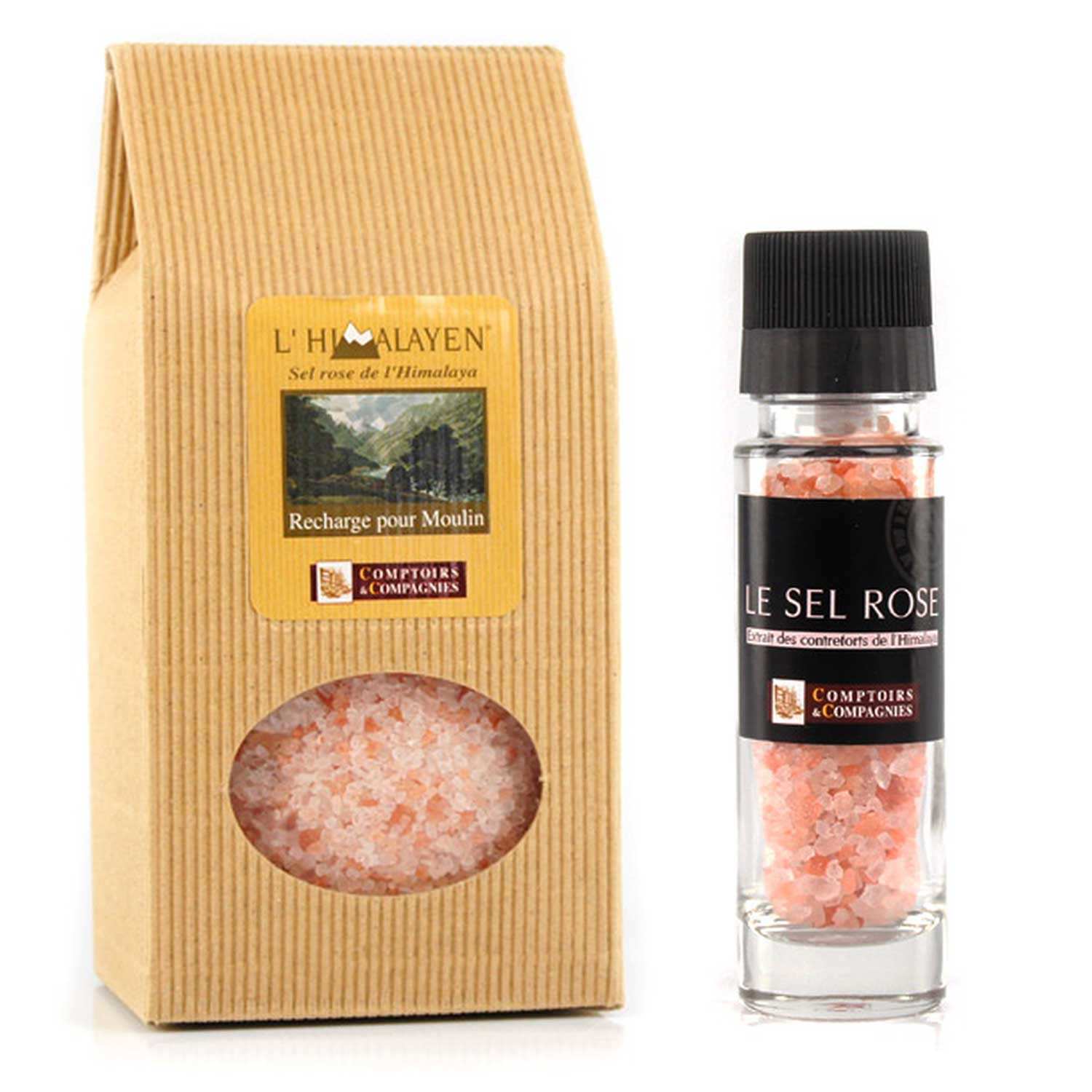 Assortiment autour du sel rose de l'Himalaya - moulin et recharge