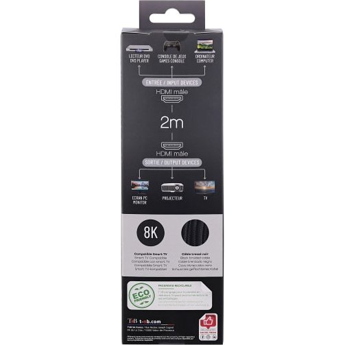 Cable t'nb hdmi male/male 19+1 broches hd ready 2,1,8k  cable 2m coloris noir / bleu