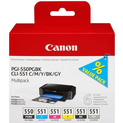 Canon CLI-551/PGI-550 - Pack de 6 - noir, noir photo, gris, cyan, magenta, jaune - cartouche d'encre originale
