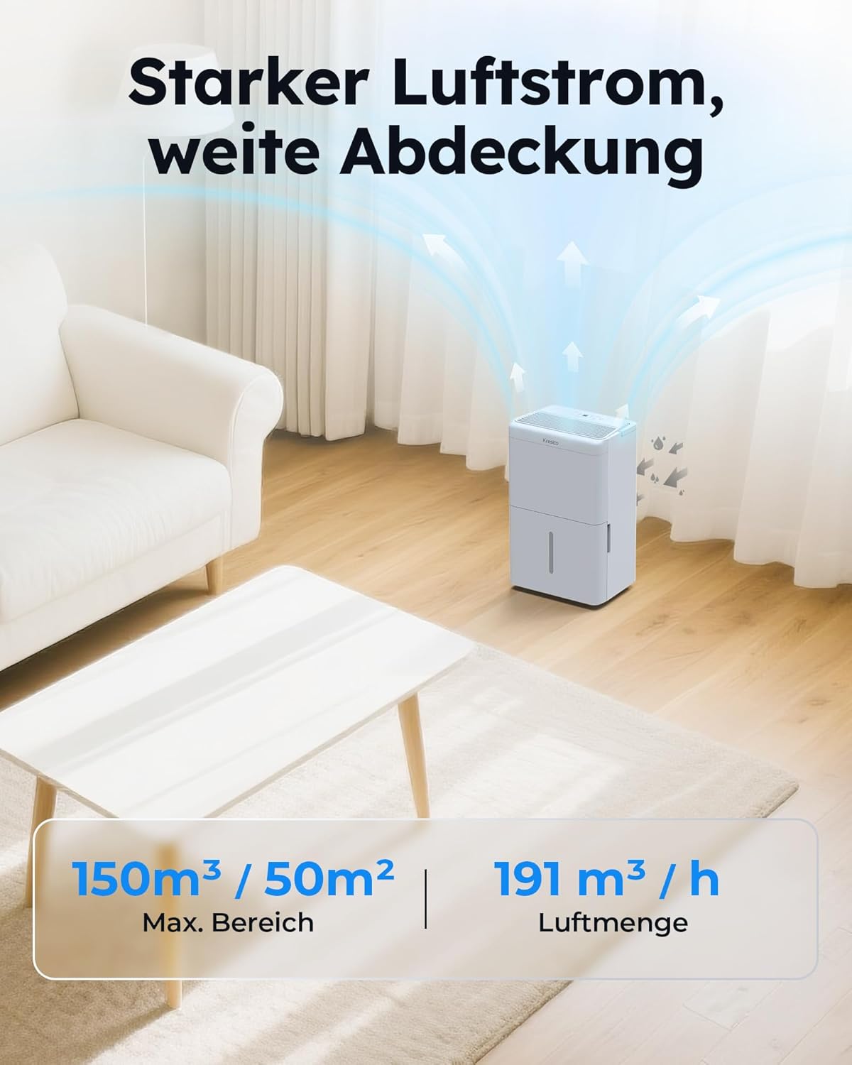 Luftentfeuchter elektrisch 20L/24h, Entfeuchter elektrisch 39dB, Raumentfeuchter für Räume ca. 150m³/50m², mit Ablaufschlauch, Timer, Filter, auto Abtauen, Kältemittel R290, 10 J. Gar.