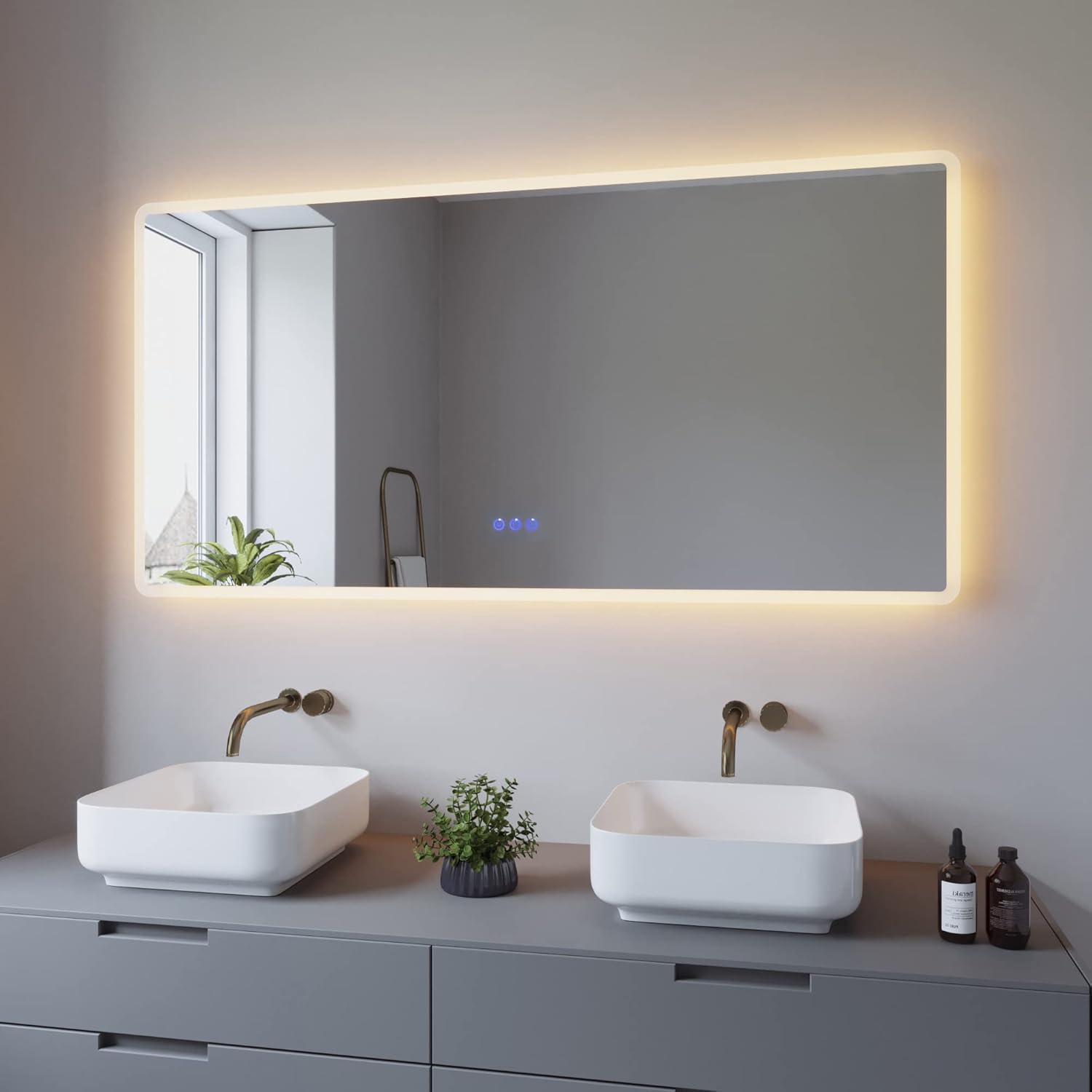 Spiegel Groß Bad mit Beleuchtung Dekorative Wandspiegel mit Rahmen Modern Silber Led Badspiegel Beleuchtet mit Licht Badezimmerspiegel 140x70 cm 3 Lichtfarben Bad Spiegel Beschlagfrei