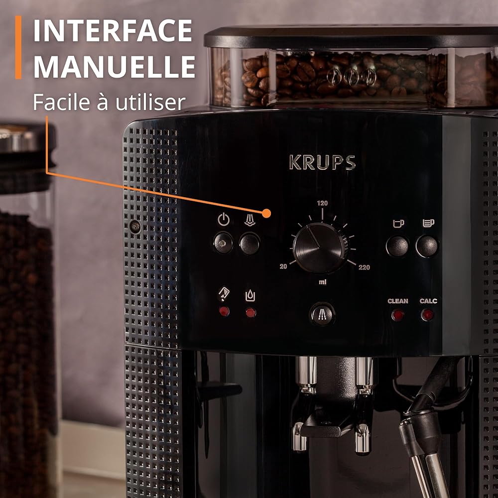 Krups Machine à café grain, 1,7 L, 2 tasses en simultané, Nettoyage automatique, Buse vapeur pour Cappuccino, Cafetière espresso, Essential noire YY8125FD, Noir : Cuisine et Maison