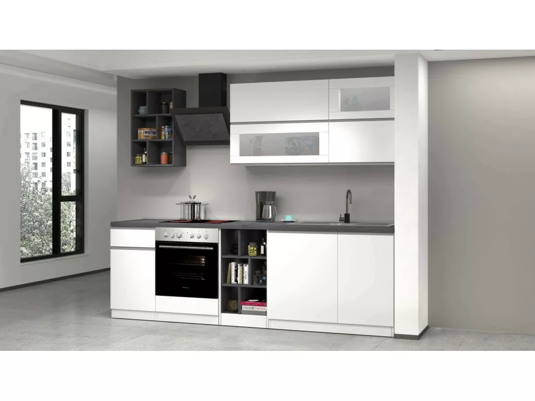 Cuisine complète Dcastill, Ensemble avec garde-manger, Meuble de kitchenette, Kit bloc linéaire, 100% Made in Italy, 255x60h85 cm, Blanc brillant et ardoise
