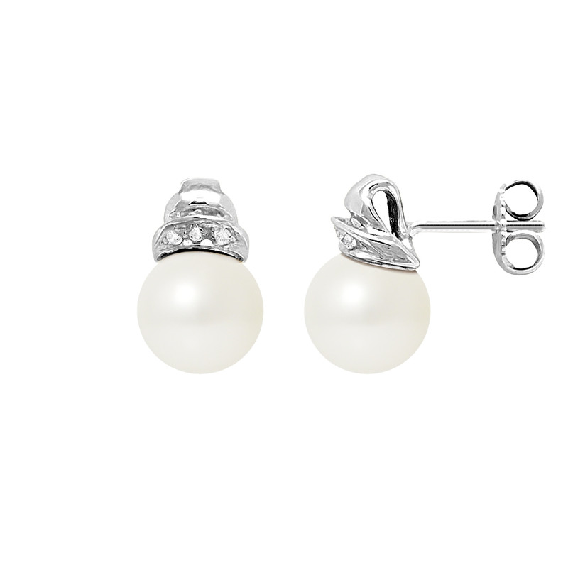 Boucles d'Oreilles Perles de Culture Blanches, Diamants et Or Blanc 750/1000