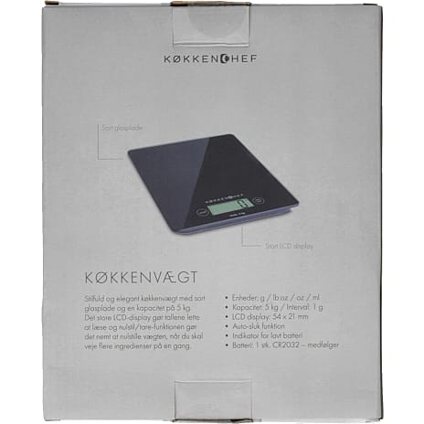 Køkkenchef digital køkkenvægt - sort glas (5 kg)