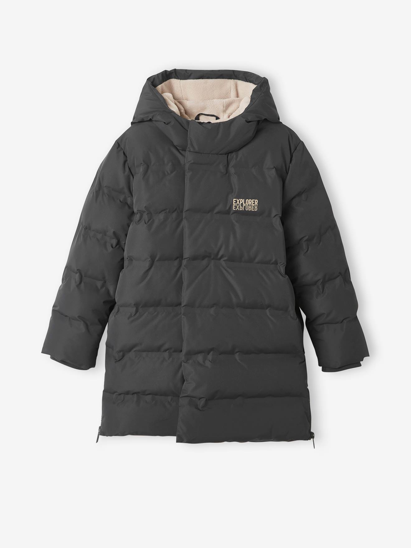 Casaco comprido acolchoado de malha polar com capuz, para meninos, cinza médio liso com estampas.