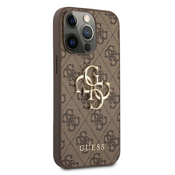 iPhone 13 Pro Leder Hardcase Hülle Metall Logo (GUHCP13L4GMGBR) - Braun / Gold
