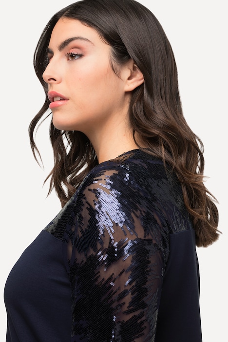 Shirtbluse, Pailletten, Stickerei, Rundhals, 3/4-Arm