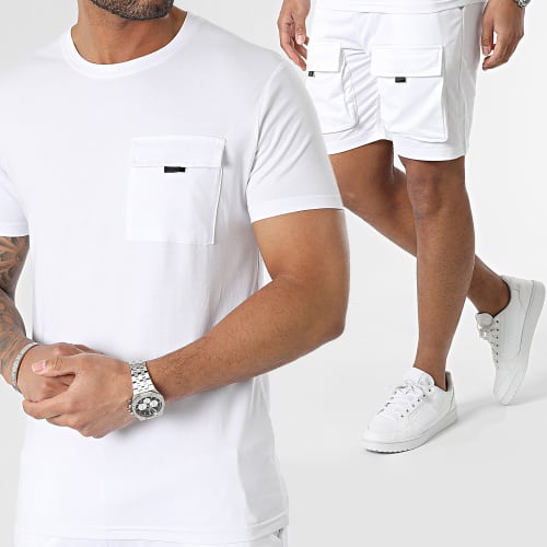 Ensemble Tee Shirt Poche Et Short Cargo E392 Blanc