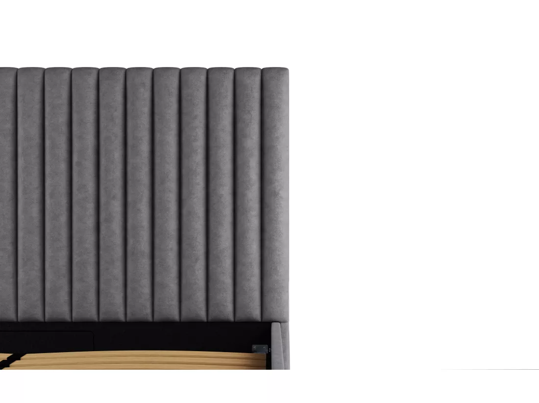 Lit coffre 140 x 190 cm avec tête de lit coutures verticales - Tissu - Gris - SARAH