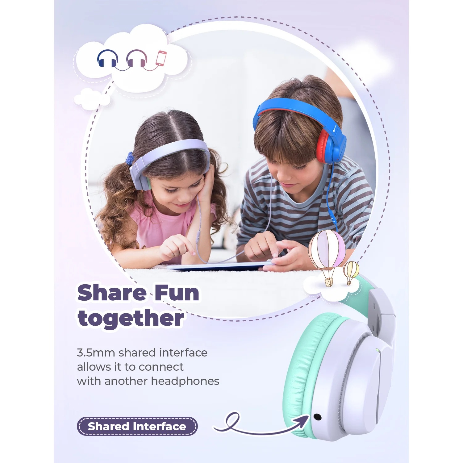 BTH12 Headphone Kids LED Kopfhörer 3.5mm Klinke Over-Ear 74/85dB Lautstärkeeinstellungen (C01-1702N-23) - Violett / Türkis