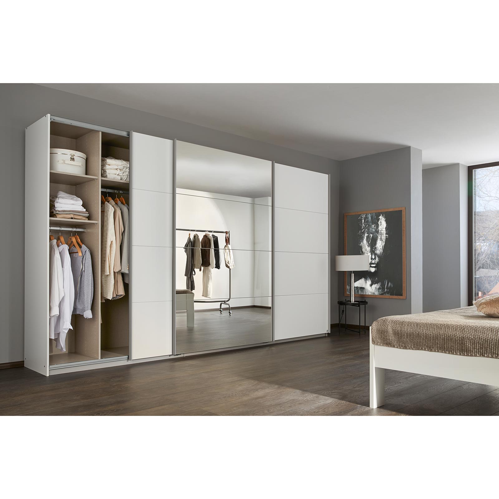 Schwebetürenschrank - alpinweiß - mit Spiegel - 360x210 cm