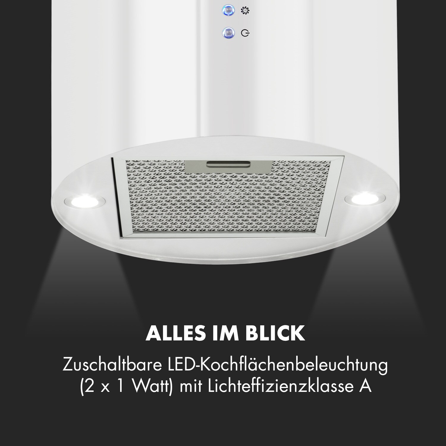 Barett Inselabzugshaube Ø35cm Umluft 558 m³/h LED Aktivkohlefilter Weiß